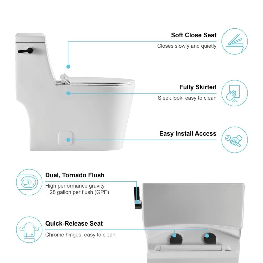 1-Piece 1.28 GPF High Efficiency Single-Flush Elongated Skirted Toilet All-in-One Toilet In White Seat Included 9 1-Piece 1.28 GPF High Efficiency Single-Flush Elongated Skirted Toilet All-in-One Toilet In White Seat Included - Image 9