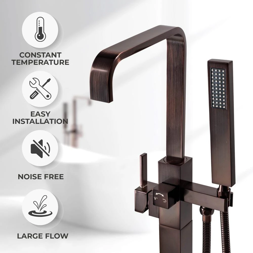 1-Handle Freestanding Floor Mount Roman Tub Faucet Bathtub Filler With Hand Shower In Antique Bronze 2 1-Handle Freestanding Floor Mount Roman Tub Faucet Bathtub Filler With Hand Shower In Antique Bronze - Image 2