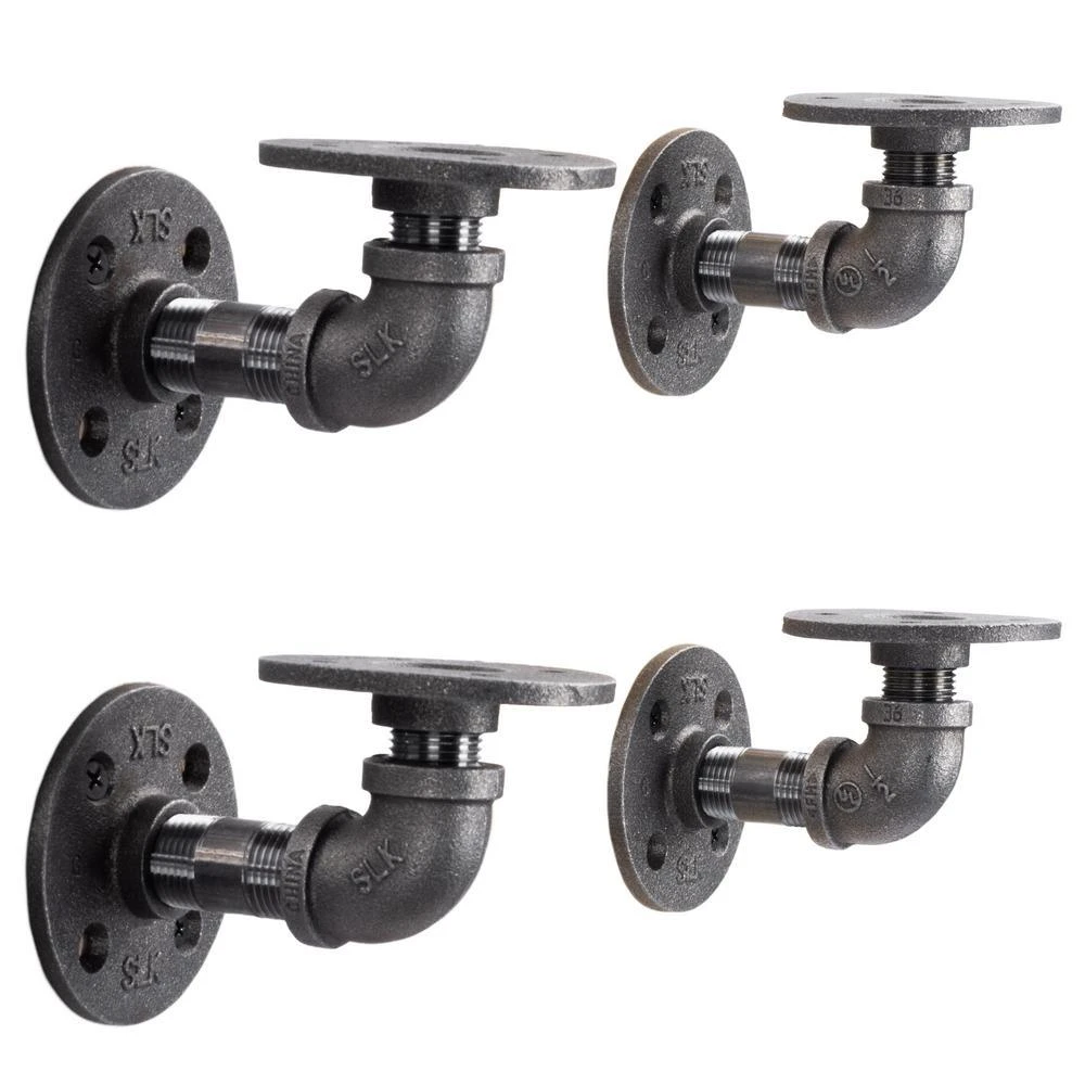 1/2 In. Black Pipe 3.75 In D X 2.5 In. H Wall Mounted Double Flange Shelf Bracket Kit (4-Pack) 1 1/2 In. Black Pipe 3.75 In D X 2.5 In. H Wall Mounted Double Flange Shelf Bracket Kit (4-Pack)
