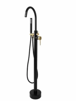 1-Handle Freestanding Floor Mount Tub Faucet Bathtub Filler With Hand Shower In Matte Black And Gold