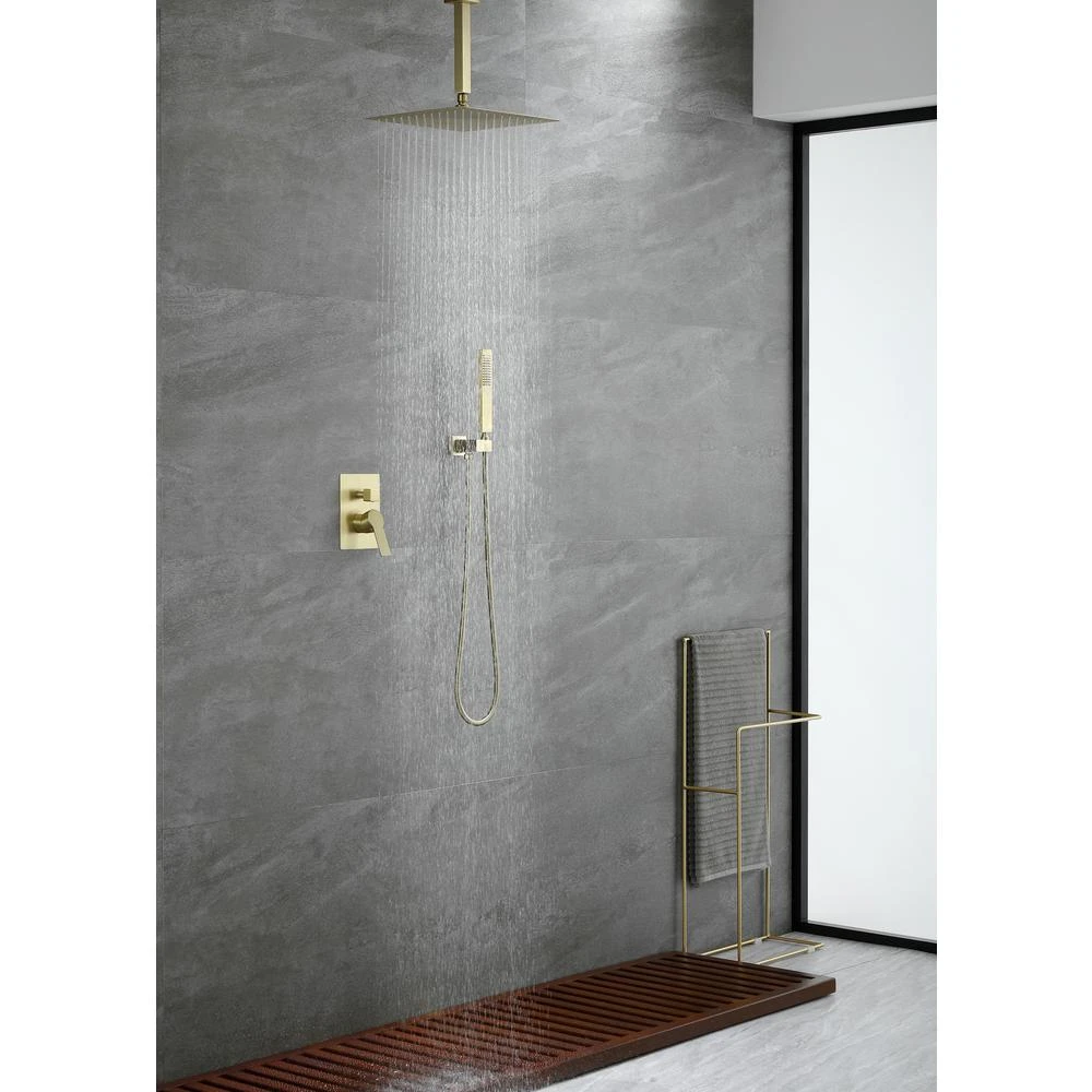 1-Spray Patterns With 2.38 GPM 12 In. Ceiling Mount Dual Shower Heads With Rough-In Valve Body And Trim In Brushed Gold 3 1-Spray Patterns With 2.38 GPM 12 In. Ceiling Mount Dual Shower Heads With Rough-In Valve Body And Trim In Brushed Gold - Image 3