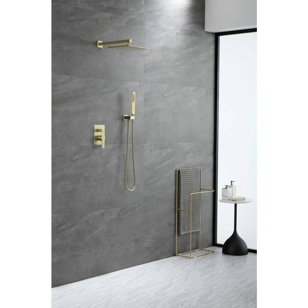 1-Spray Patterns With 2.66 GPM 10 In. Wall Mount Dual Shower Heads With Rough-In Valve Body And Trim In Brushed Gold 2 1-Spray Patterns With 2.66 GPM 10 In. Wall Mount Dual Shower Heads With Rough-In Valve Body And Trim In Brushed Gold - Image 2