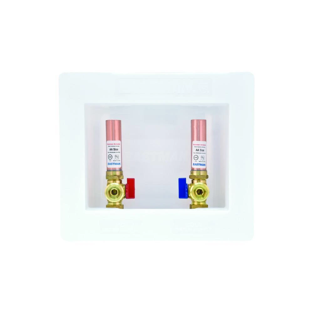 1/2 In. Crimp PEX Plastic Center Drain Washing Machine Outlet Box With Hammer Arrestors 1 1/2 In. Crimp PEX Plastic Center Drain Washing Machine Outlet Box With Hammer Arrestors