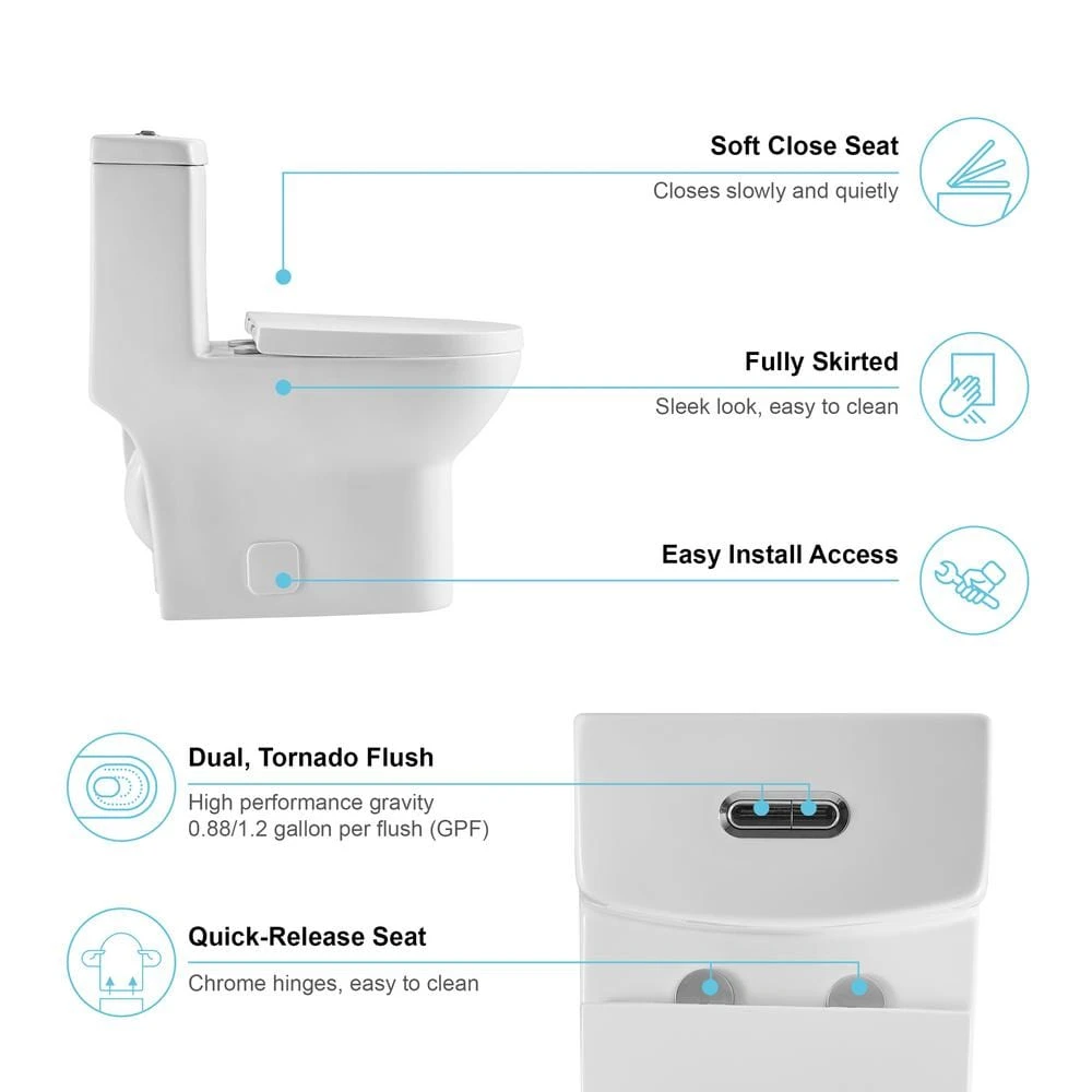 1-Piece Dual Flush 1.2 GPF/0.88 GPF High Efficiency Skirted Toilet Round Bowl All-in-One Toilet In White Seat Included 8 1-Piece Dual Flush 1.2 GPF/0.88 GPF High Efficiency Skirted Toilet Round Bowl All-in-One Toilet In White Seat Included - Image 8