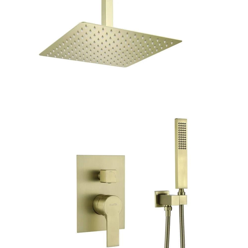 1-Spray Patterns With 2.38 GPM 12 In. Ceiling Mount Dual Shower Heads With Rough-In Valve Body And Trim In Brushed Gold 1 1-Spray Patterns With 2.38 GPM 12 In. Ceiling Mount Dual Shower Heads With Rough-In Valve Body And Trim In Brushed Gold