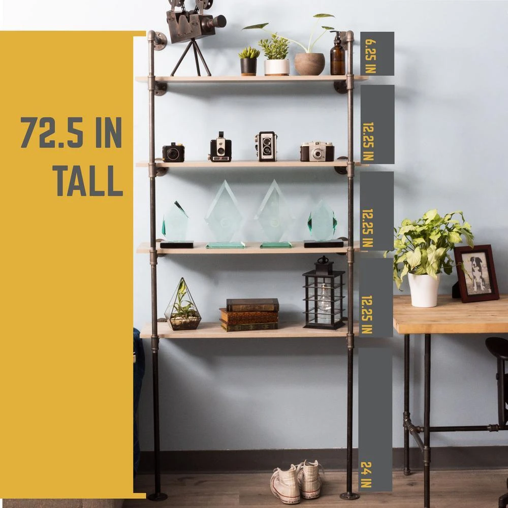 1/2 In. Black Steel Pipe 11.75 In. D X 72.5 In. H Floor Mounted 4-Tier Shelf Kit 5 1/2 In. Black Steel Pipe 11.75 In. D X 72.5 In. H Floor Mounted 4-Tier Shelf Kit - Image 5