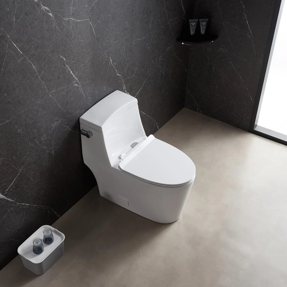 1-Piece 1.28 GPF High Efficiency Single-Flush Elongated Skirted Toilet All-in-One Toilet In White Seat Included 7 1-Piece 1.28 GPF High Efficiency Single-Flush Elongated Skirted Toilet All-in-One Toilet In White Seat Included - Image 7