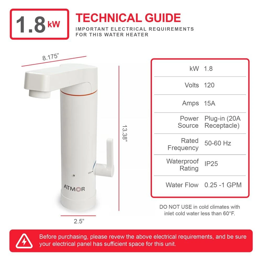 1.8kW 0.5 GPM 2-in-1 Electric Tankless Water Heater / Faucet - Plug-In 4 1.8kW 0.5 GPM 2-in-1 Electric Tankless Water Heater / Faucet - Plug-In - Image 4