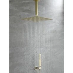 1-Spray Patterns With 2.38 GPM 12 In. Ceiling Mount Dual Shower Heads With Rough-In Valve Body And Trim In Brushed Gold 12 1-Spray Patterns With 2.38 GPM 12 In. Ceiling Mount Dual Shower Heads With Rough-In Valve Body And Trim In Brushed Gold -arbor Shop ad8260306d0d80ed24c17c616e29bd9a