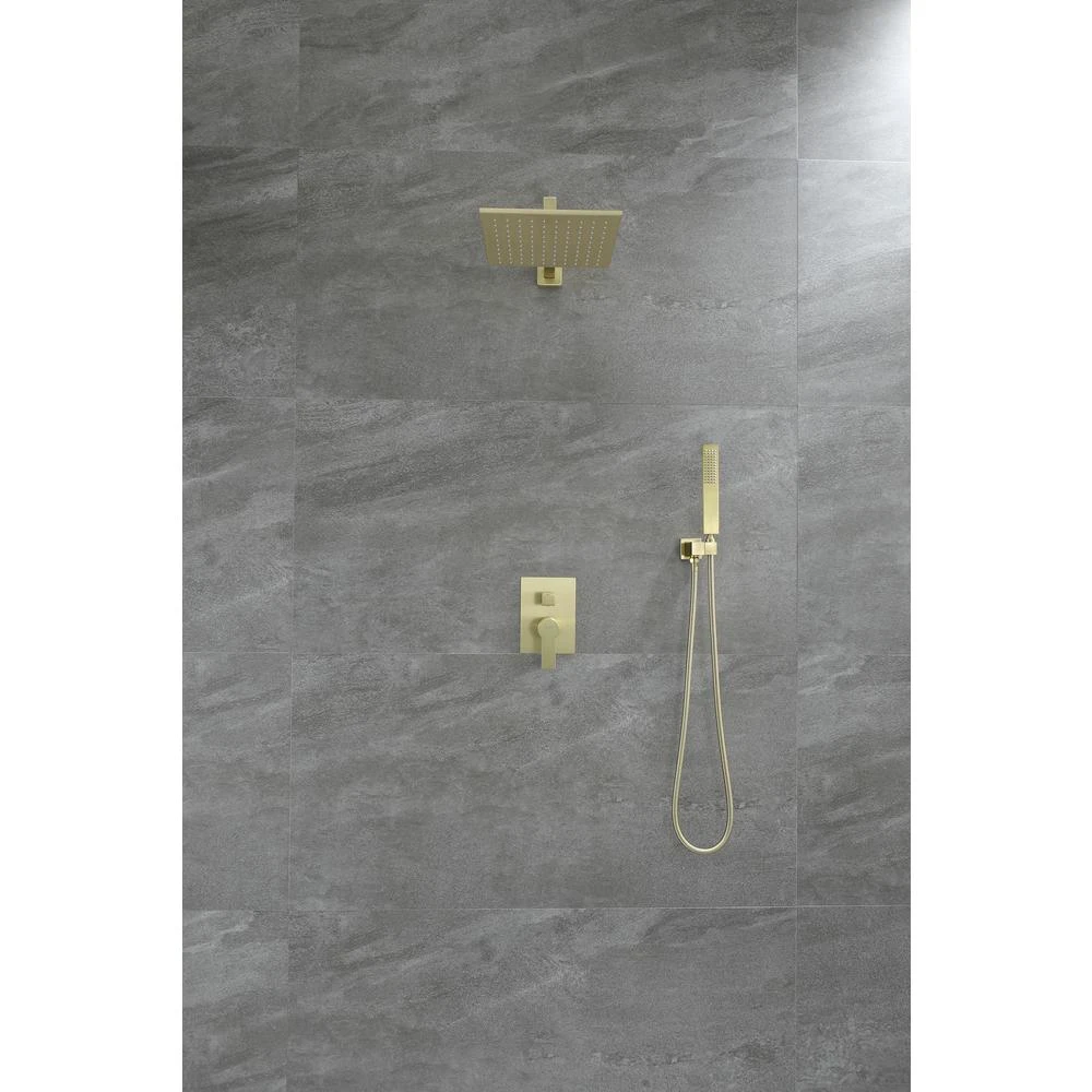 1-Spray Patterns With 2.66 GPM 10 In. Wall Mount Dual Shower Heads With Rough-In Valve Body And Trim In Brushed Gold 9 1-Spray Patterns With 2.66 GPM 10 In. Wall Mount Dual Shower Heads With Rough-In Valve Body And Trim In Brushed Gold - Image 9