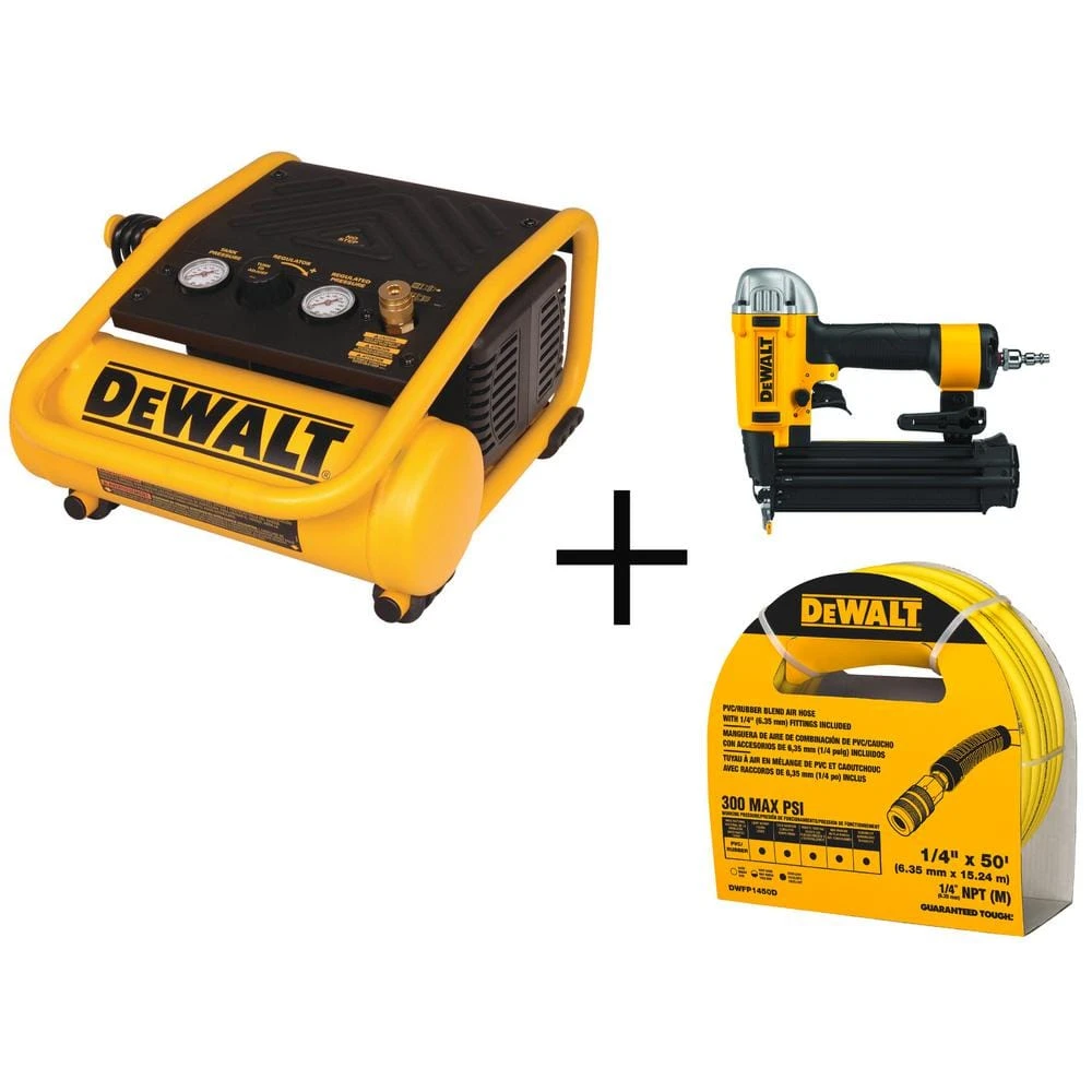 DeWALT 1 Gal. Portable Electric Trim Air Compressor With Bonus 18-Gauge Pneumatic Brad Nailer And 50 Ft. X 1/4 In. Air Hose 1 DeWALT 1 Gal. Portable Electric Trim Air Compressor With Bonus 18-Gauge Pneumatic Brad Nailer And 50 Ft. X 1/4 In. Air Hose