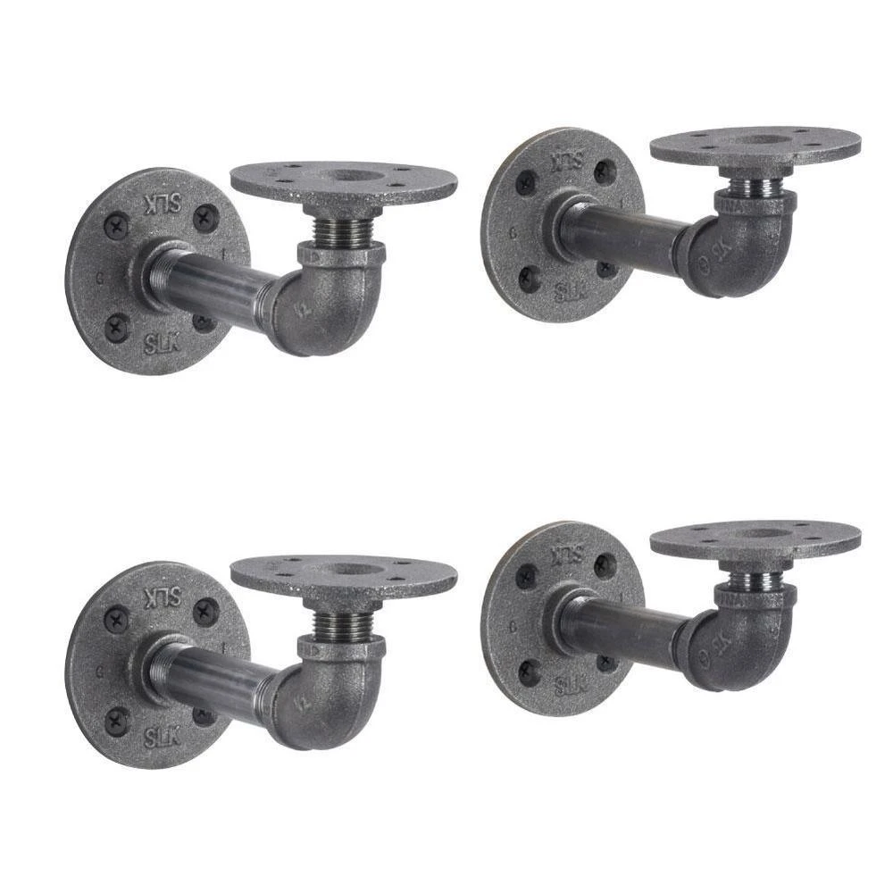 1/2 In. Black Pipe 5.75 In D X 2.5 In. H Wall Mounted Double Flange Shelf Bracket Kit (4-Pack) 1 1/2 In. Black Pipe 5.75 In D X 2.5 In. H Wall Mounted Double Flange Shelf Bracket Kit (4-Pack)
