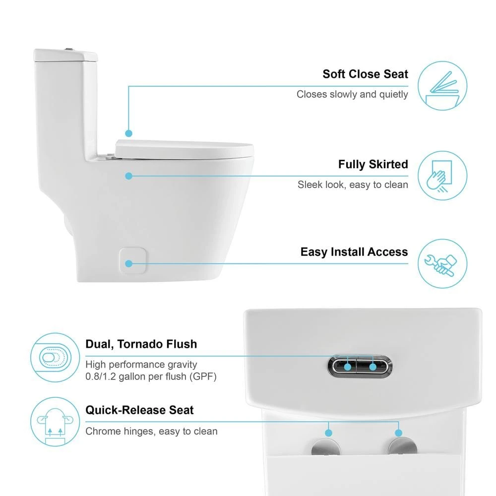 1-Piece Dual Flush 1.2 GPF/0.8 GPF Elongated High Efficiency Skirted Toilet All-in-One Toilet In White Seat Included 7 1-Piece Dual Flush 1.2 GPF/0.8 GPF Elongated High Efficiency Skirted Toilet All-in-One Toilet In White Seat Included - Image 7