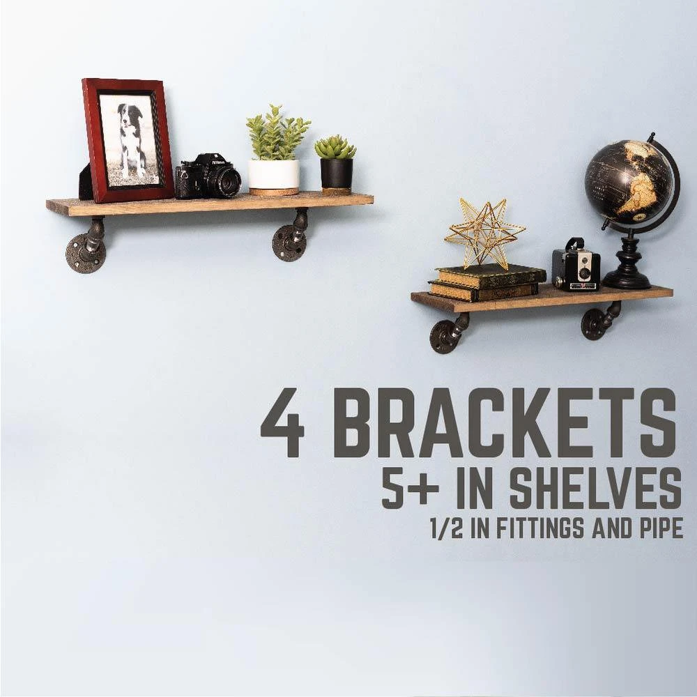 1/2 In. Black Pipe 4.625 In. W X 4.65 In. H Wall Mounted Double Flange Angled Shelf Bracket Kit (4-Pack) 5 1/2 In. Black Pipe 4.625 In. W X 4.65 In. H Wall Mounted Double Flange Angled Shelf Bracket Kit (4-Pack) - Image 5