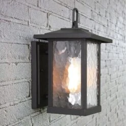 1-Light Transitional Outdoor Wall Light Lantern Sconce With Watered Glass Matt Black Coach Light LED Compatible