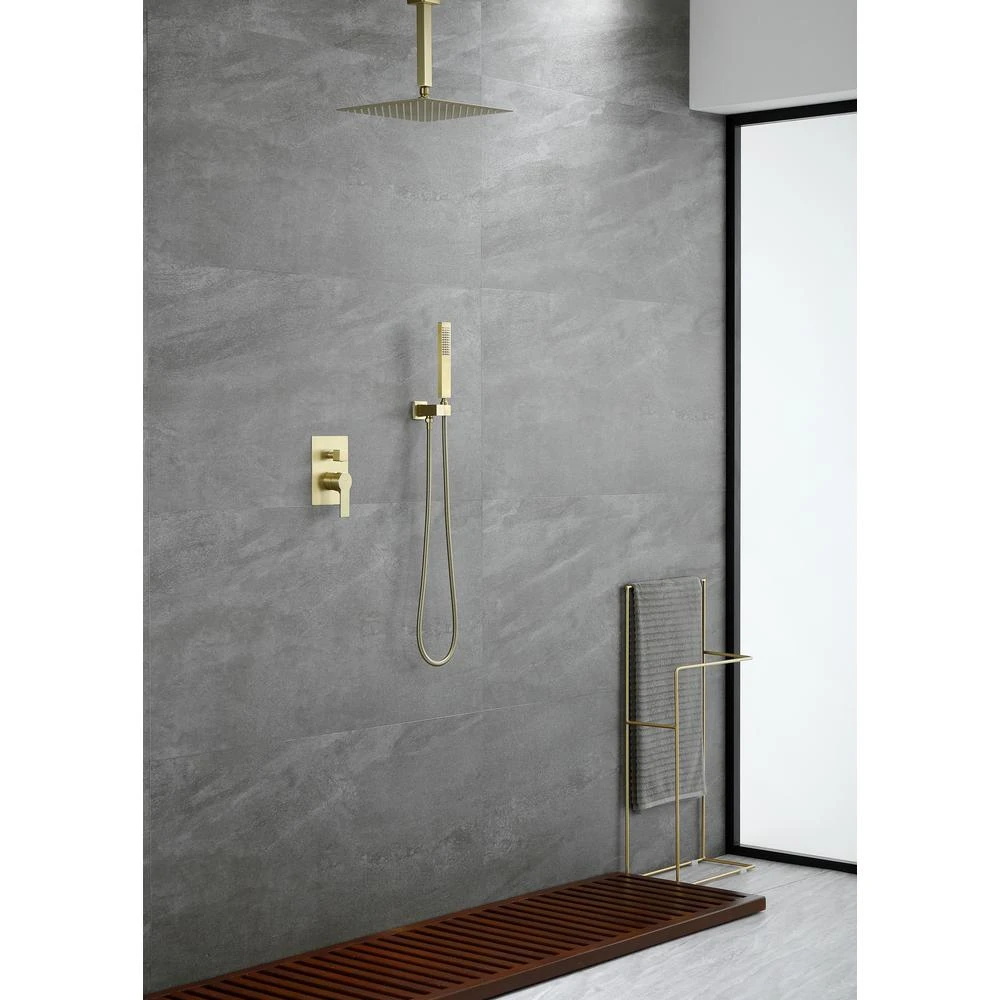 1-Spray Patterns With 2.38 GPM 12 In. Ceiling Mount Dual Shower Heads With Rough-In Valve Body And Trim In Brushed Gold 2 1-Spray Patterns With 2.38 GPM 12 In. Ceiling Mount Dual Shower Heads With Rough-In Valve Body And Trim In Brushed Gold - Image 2